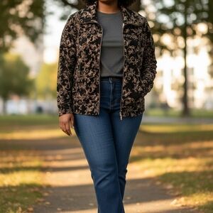 Style & Co. Black and Cream Floral Varsity Jacket